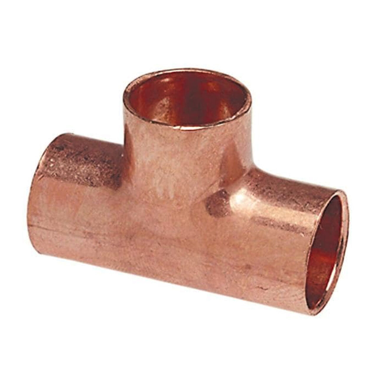 The Go Build 3/4 in. x 3/4 in. x 1/2 in. Copper Reducing Tee All Cup is a T-shaped copper fitting for connecting three water pipes, typically joined with solder, ideal for plumbing systems.